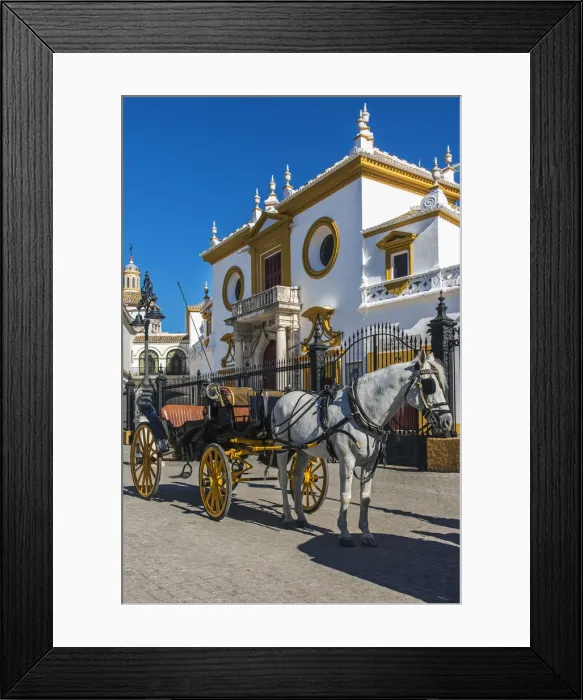 Framed Print : Horse drawn carriage in front of the Plaza de toros de la Real Maestranza de Caballeria Framed Print : Horse drawn carriage in front of the Plaza de toros de la Real Maestranza de Caballeria