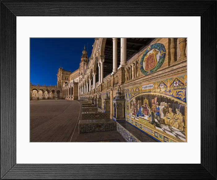 Framed Print : Night view of the tiled Province Alcoves along the walls of the Plaza de Espana, Seville
