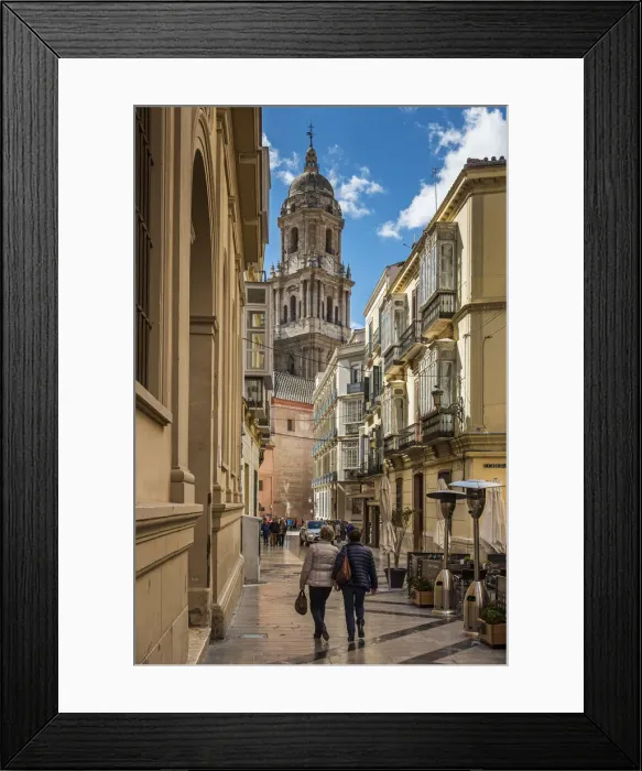 Framed Print : Street in the old town with Cathedral in the background, Malaga, Andalusia, Spain