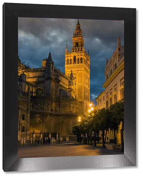 Night view of the Giralda bell tower, Seville, Andalusia, Spain