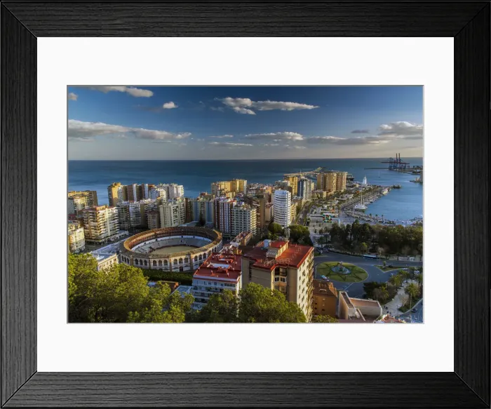 Framed Print : City skyline with La Malagueta bullring at sunset, Malaga, Andalusia, Spain