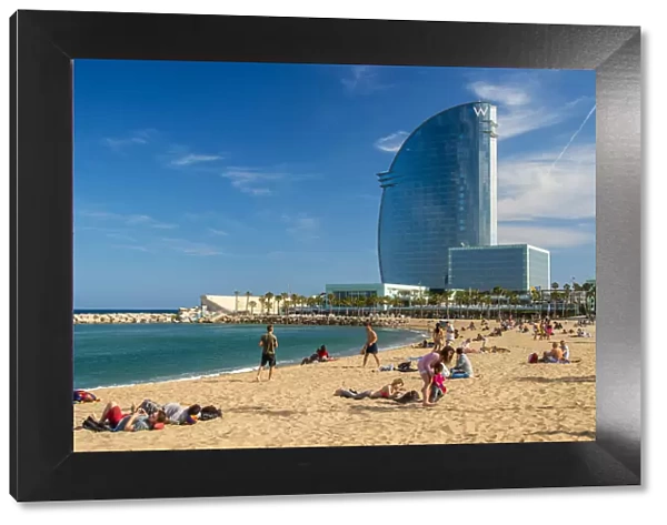 Barceloneta beach with W Barcelona Hotel in the background, Barcelona, Catalonia, Spain