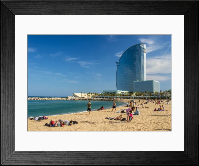 Framed Print : Barceloneta beach with W Barcelona Hotel in the background, Barcelona, Catalonia, Spain Framed Print : Barceloneta beach with W Barcelona Hotel in the background, Barcelona, Catalonia, Spain
