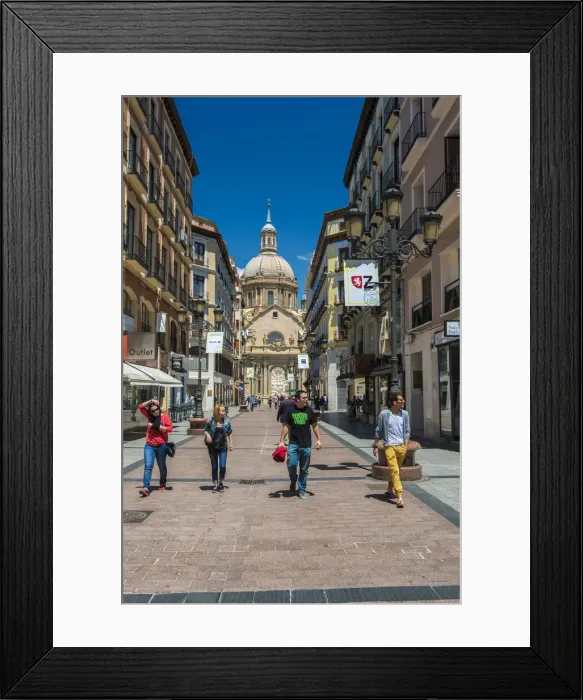 Framed Print : Alfonso I pedestrian street with Basilica de Nuestra Senora del Pilar church behind Framed Print : Alfonso I pedestrian street with Basilica de Nuestra Senora del Pilar church behind