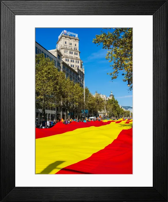 Framed Print : Huge spanish flag unrolled in Passeig de Gracia during the celebration of the Spain s Framed Print : Huge spanish flag unrolled in Passeig de Gracia during the celebration of the Spain s