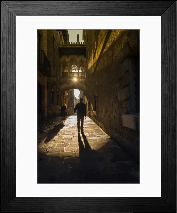 Framed Print : Sunny morning light in Carrer del Bisbe, Barcelona, Catalonia, Spain Framed Print : Sunny morning light in Carrer del Bisbe, Barcelona, Catalonia, Spain