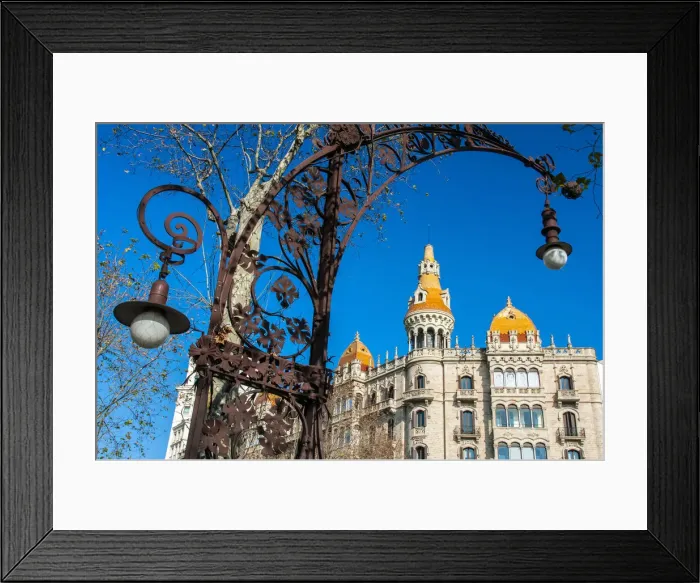 Framed Print : Art nouveau street lamp in Passeig de Gracia with Cases Antoni Rocamora building behind Framed Print : Art nouveau street lamp in Passeig de Gracia with Cases Antoni Rocamora building behind