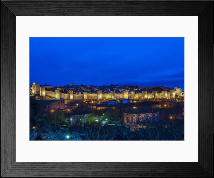Framed Print : Panoramic night view of the medieval city walls illuminated, Avila, Castile and Leaon Framed Print : Panoramic night view of the medieval city walls illuminated, Avila, Castile and Leaon