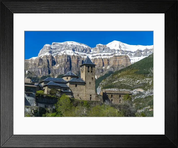 Framed Print : The mountain village of Torla with the snowy Pyrenees behind, Huesca, Aragon, Spain Framed Print : The mountain village of Torla with the snowy Pyrenees behind, Huesca, Aragon, Spain