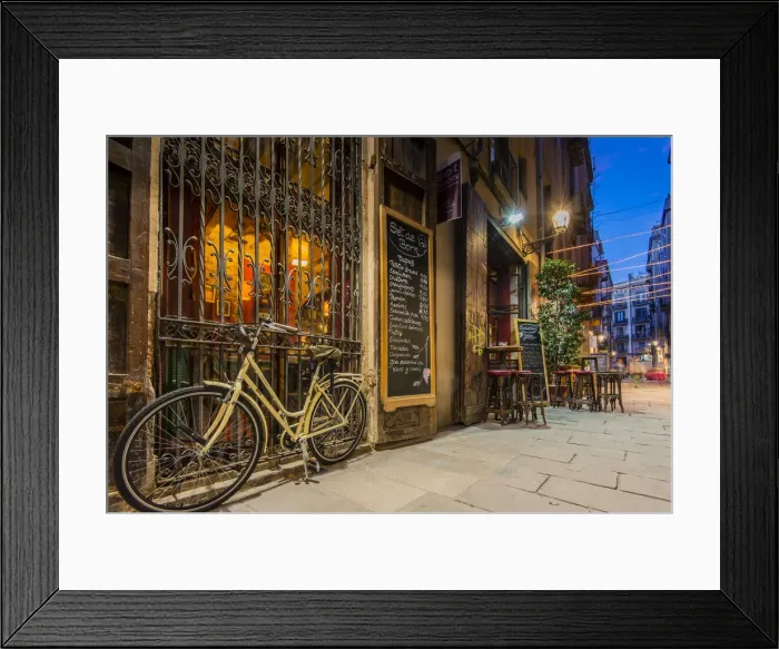 Framed Print : Picturesque night corner of Born neighborhood with tapas bar, Barcelona, Catalonia, Spain Framed Print : Picturesque night corner of Born neighborhood with tapas bar, Barcelona, Catalonia, Spain