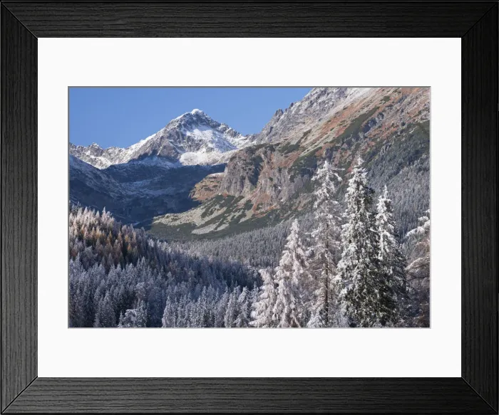 Framed Print : Snow dusted mountains and pine forests of the High Tatras, Slovakia, Europe. Autumn Framed Print : Snow dusted mountains and pine forests of the High Tatras, Slovakia, Europe. Autumn