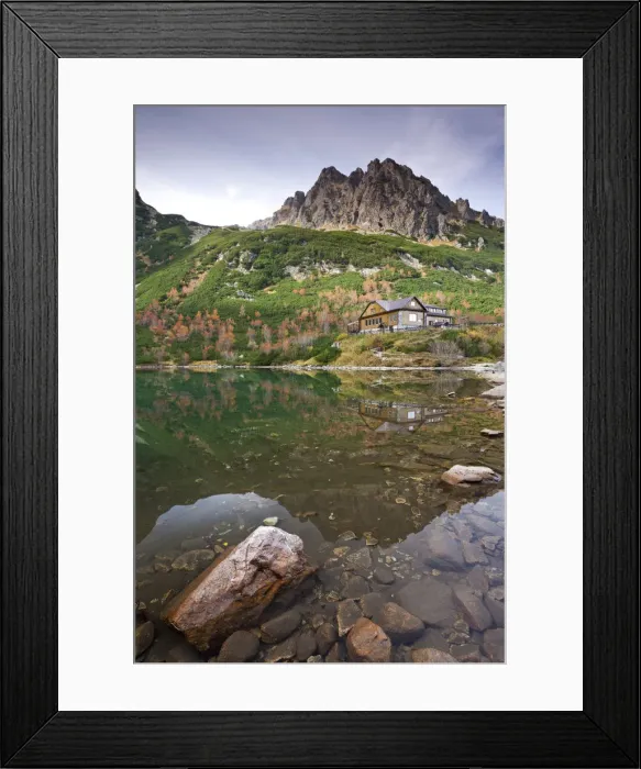Framed Print : Zelene Pleso Lake and Mountain Cottage in the High Tatras Mountains, Slovakia, Europe Framed Print : Zelene Pleso Lake and Mountain Cottage in the High Tatras Mountains, Slovakia, Europe