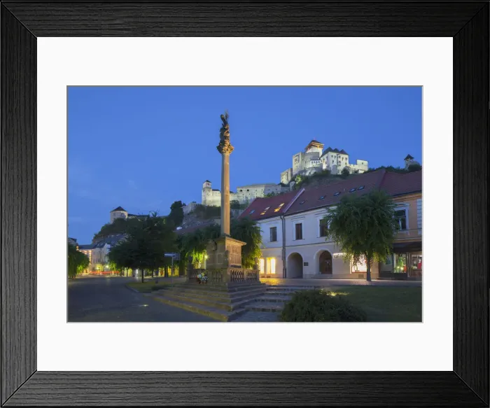 Framed Print : Monument in Mierove Square and Trencin Castle at dusk, Trencin, Trencin Region, Slovakia Framed Print : Monument in Mierove Square and Trencin Castle at dusk, Trencin, Trencin Region, Slovakia