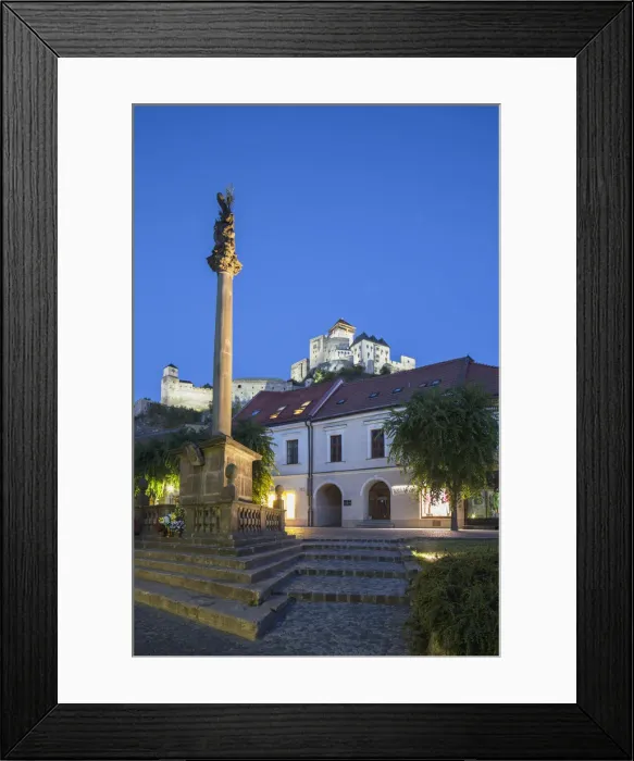 Framed Print : Monument in Mierove Square and Trencin Castle at dusk, Trencin, Trencin Region, Slovakia Framed Print : Monument in Mierove Square and Trencin Castle at dusk, Trencin, Trencin Region, Slovakia