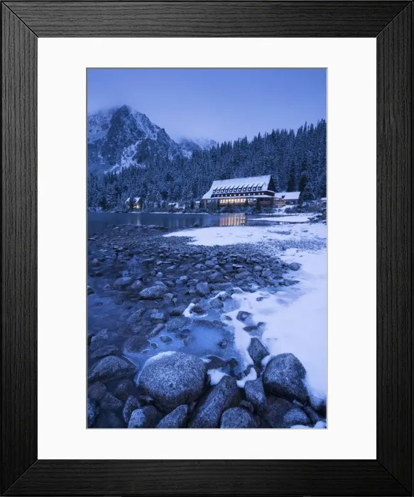 Framed Print : Frozen lake shore and Mountain House at twilight, Popradske Pleso, High Tatras, Slovakia Framed Print : Frozen lake shore and Mountain House at twilight, Popradske Pleso, High Tatras, Slovakia