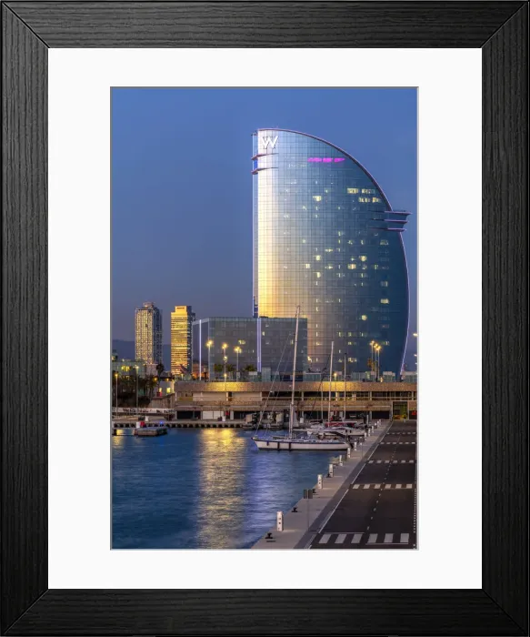Framed Print : Moll de Llevant marina with W Barcelona hotel in the background, Barcelona, Catalonia
