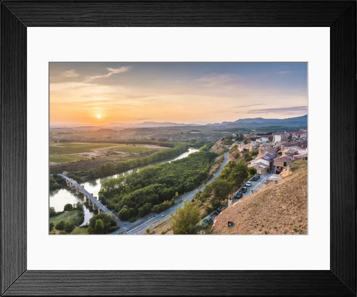 Framed Print : Spain, La Rioja, San Vicente de la Sonsierra and the Ebro river at sunset