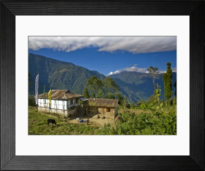 Framed Print : India, Sikkim, Khecheopalri Lake, House with Kanchenjunga range in background Framed Print : India, Sikkim, Khecheopalri Lake, House with Kanchenjunga range in background