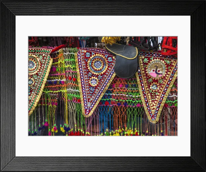 Framed Print : India, Rajasthan, Pushkar, Stall selling camel decorations and embellishments at Pushkar Framed Print : India, Rajasthan, Pushkar, Stall selling camel decorations and embellishments at Pushkar