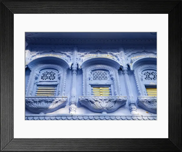 Framed Print : India, Rajasthan, Pushkar, Ornate windows on blue house