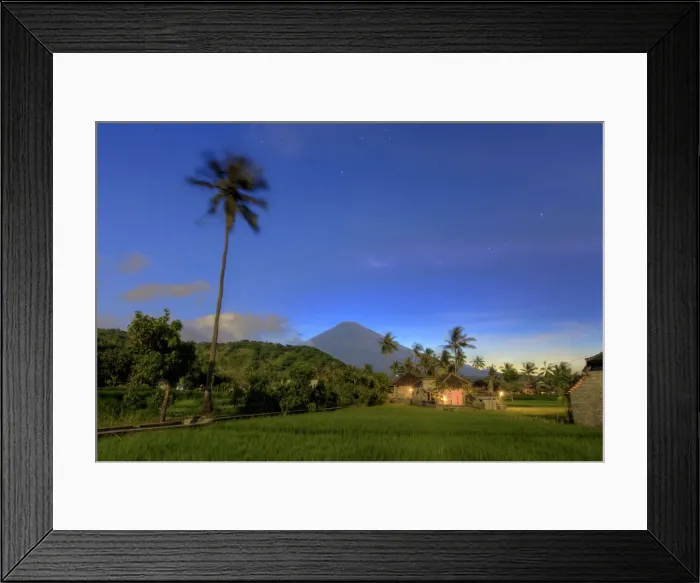 Framed Print : Indonesia, Bali, East Bali, Amed, Rice fields and Gunung Agung Volcano under the moonlight Framed Print : Indonesia, Bali, East Bali, Amed, Rice fields and Gunung Agung Volcano under the moonlight