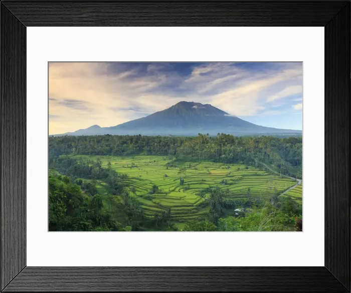 Framed Print : Indonesia, Bali, Redang, View of Rice Terraces and Gunung Agung Volcano