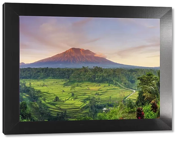 Indonesia, Bali, Redang, View of Rice Terraces and Gunung Agung Volcano