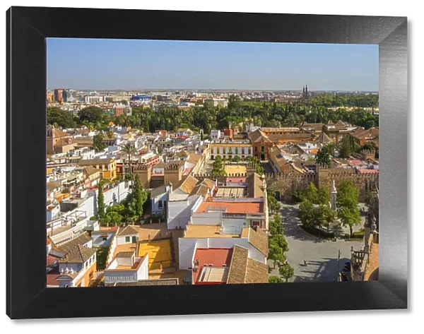 View from the Giralda tower of the Cathedral on the Real Alcazar and Sevilla, UNESCO