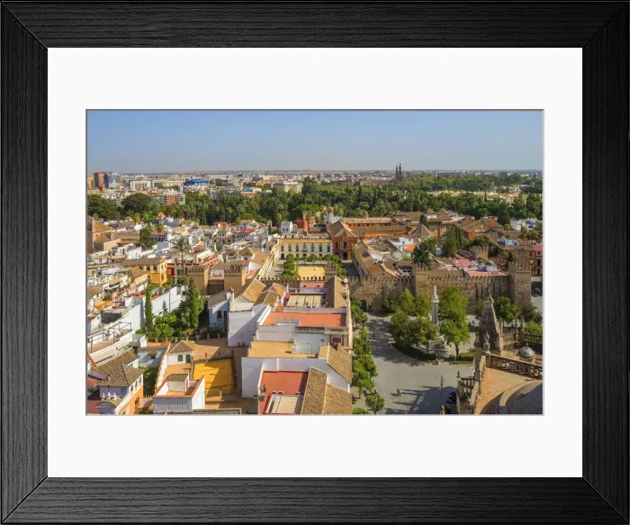 Framed Print : View from the Giralda tower of the Cathedral on the Real Alcazar and Sevilla, UNESCO Framed Print : View from the Giralda tower of the Cathedral on the Real Alcazar and Sevilla, UNESCO