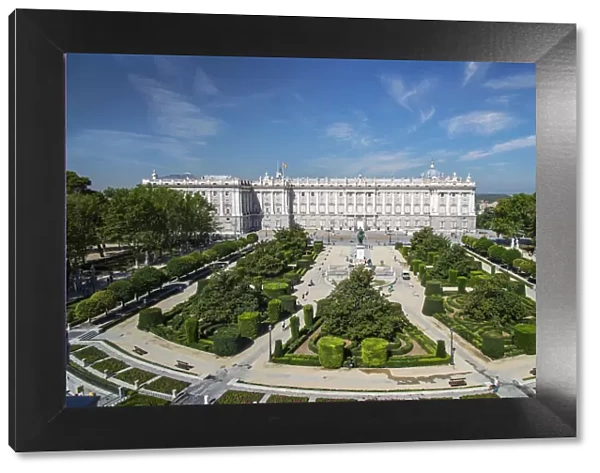 Top view over Plaza de Oriente square with Palacio Real or Royal Palace behind, Madrid