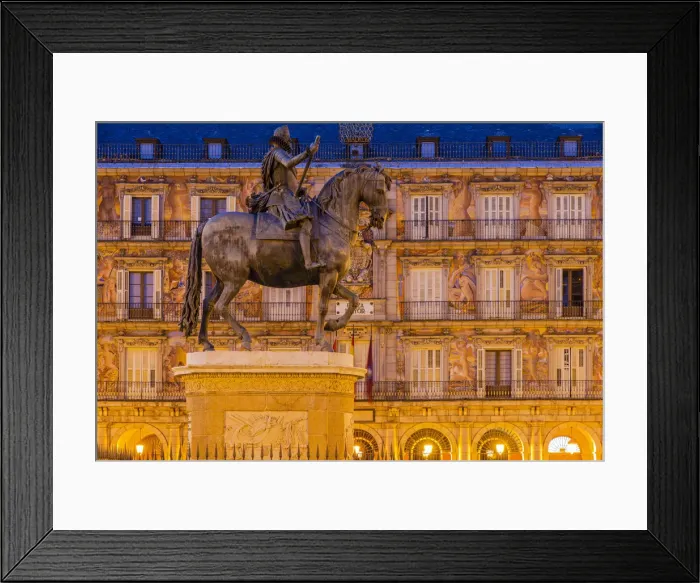 Framed Print : Night view of the equestrian statue of Philip III or Felipe III, Plaza Mayor, Madrid Framed Print : Night view of the equestrian statue of Philip III or Felipe III, Plaza Mayor, Madrid