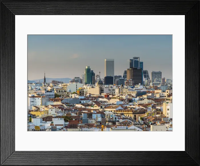 Framed Print : City skyline at sunset with modern financial center behind, Madrid, Comunidad de Madrid Framed Print : City skyline at sunset with modern financial center behind, Madrid, Comunidad de Madrid