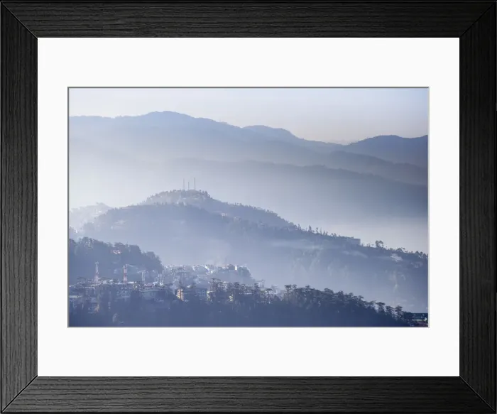 Framed Print : India, Himachal Pradesh, Shimla, View of mountains from The Ridge at dawn Framed Print : India, Himachal Pradesh, Shimla, View of mountains from The Ridge at dawn