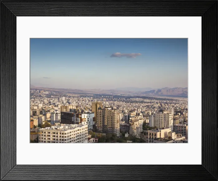Framed Print : Iran, Tehran, elevated city skyline from the Roof of Iran park, sunset Framed Print : Iran, Tehran, elevated city skyline from the Roof of Iran park, sunset