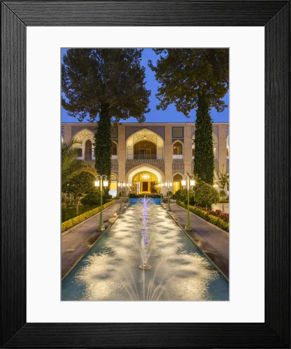 Framed Print : Iran, Central Iran, Esfahan, Abbasi Hotel, courtyard, dusk
