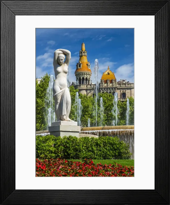 Framed Print : Fountain in Plaza Catalunya with Casa Rocamora modernist building behind, Barcelona Framed Print : Fountain in Plaza Catalunya with Casa Rocamora modernist building behind, Barcelona