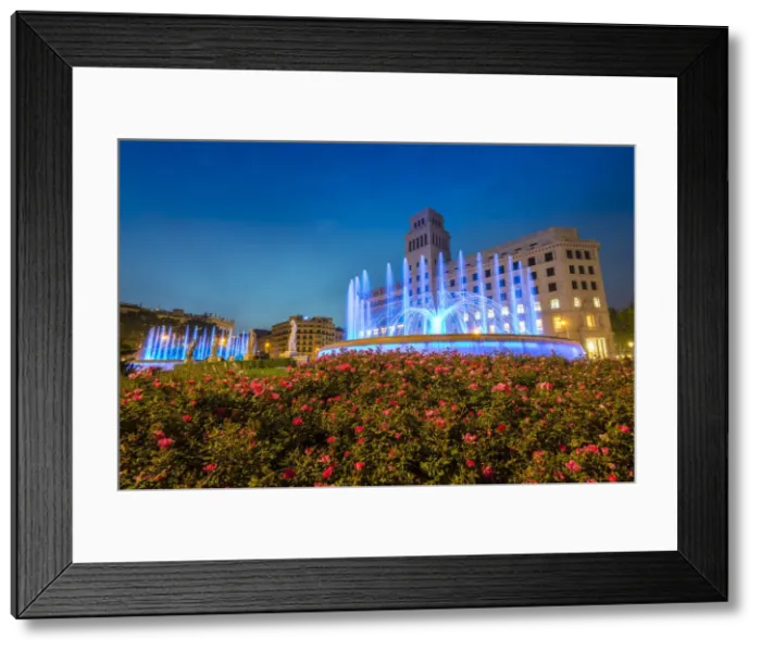 Framed Print : Light show at the new Plaza Catalunya fountain, Barcelona, Catalonia, Spain