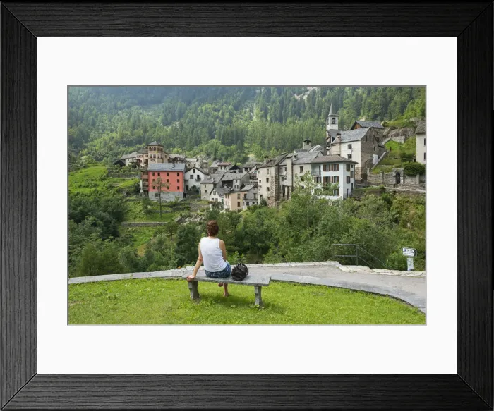 Framed Print : Europe, Switzerland, Ticino, Maggia Valley, A woman admiring Fusio village Framed Print : Europe, Switzerland, Ticino, Maggia Valley, A woman admiring Fusio village
