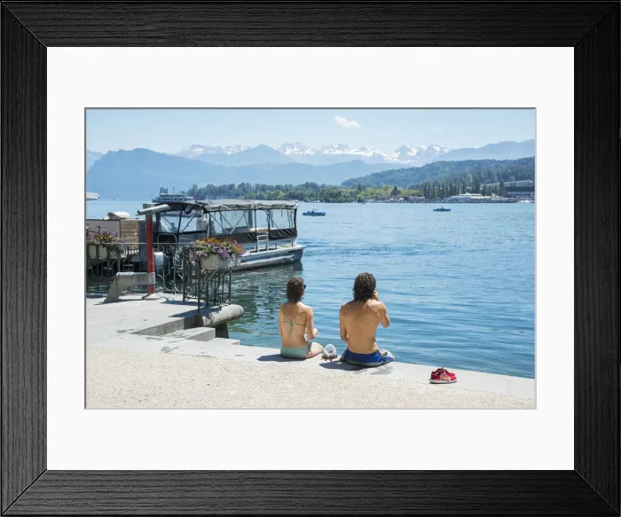 Framed Print : Europe, Switzerland, Lucerne, couple on the lakefront Framed Print : Europe, Switzerland, Lucerne, couple on the lakefront