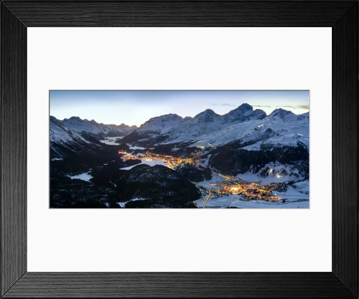 Framed Print : Panoramic winter view over Upper Engadine valley from Muottas Muragl with Celerina Framed Print : Panoramic winter view over Upper Engadine valley from Muottas Muragl with Celerina