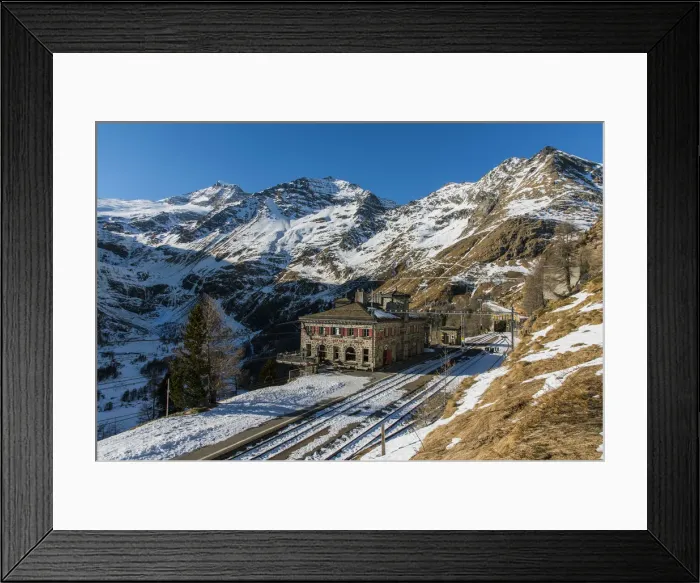Framed Print : Alp Grum station along the famous Bernina Express mountain train route, Graubunden Framed Print : Alp Grum station along the famous Bernina Express mountain train route, Graubunden