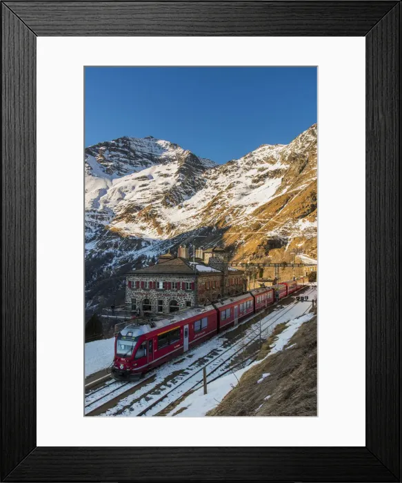 Framed Print : The famous Bernina Express red train at Alp Grum station, Graubunden, Switzerland Framed Print : The famous Bernina Express red train at Alp Grum station, Graubunden, Switzerland