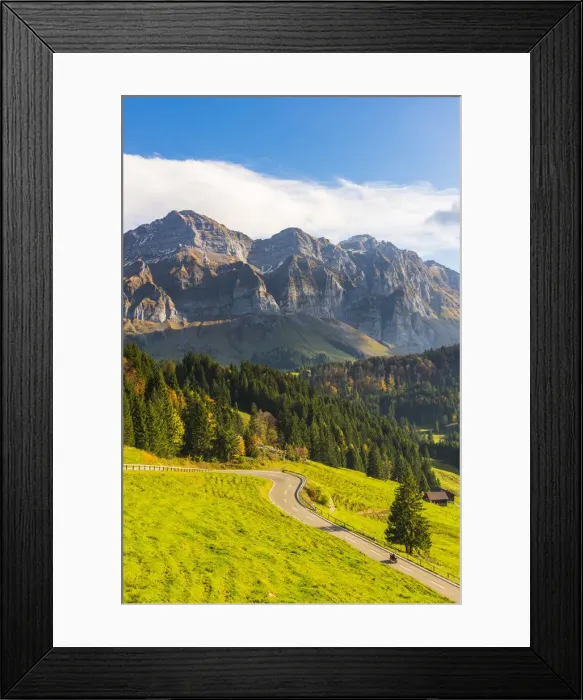 Framed Print : The road leading to Schwaagalp pass with mount Saantis in the background, Switzerland Framed Print : The road leading to Schwaagalp pass with mount Saantis in the background, Switzerland