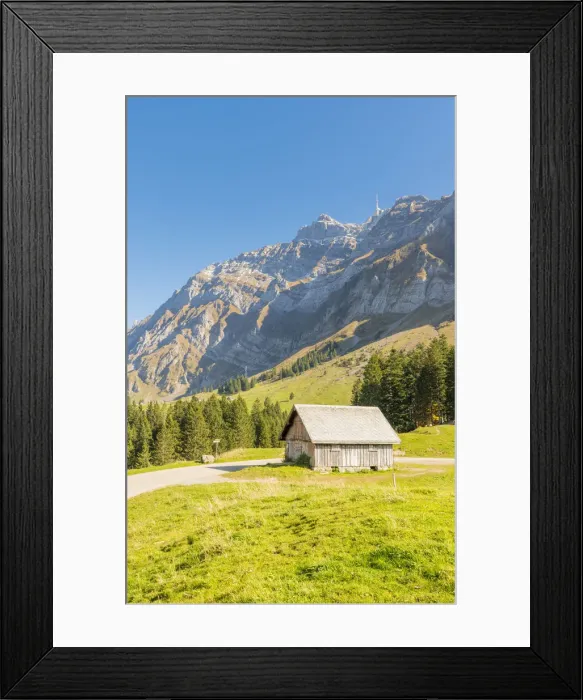 Framed Print : Schwaagalp pass, Switzerland. Mountain hut in front of mount Saantis Framed Print : Schwaagalp pass, Switzerland. Mountain hut in front of mount Saantis