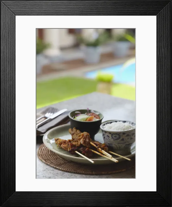 Framed Print : Chicken satay and rice in Galle Fort Hotel, Galle, Sri Lanka Framed Print : Chicken satay and rice in Galle Fort Hotel, Galle, Sri Lanka