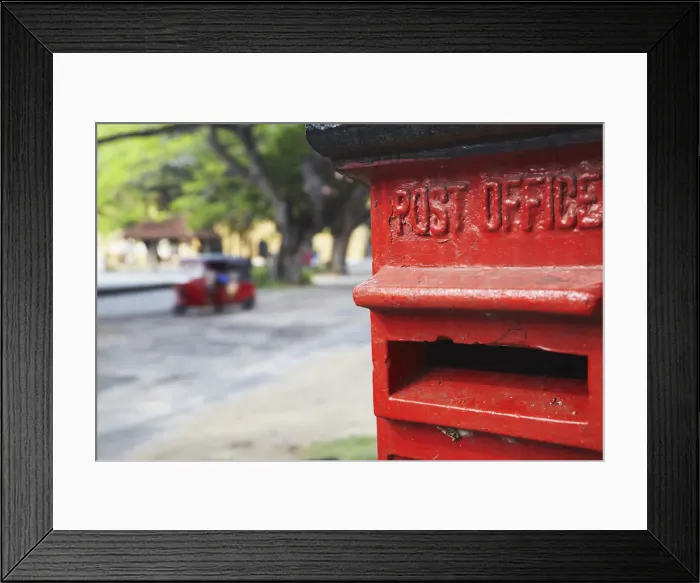 Framed Print : Red post box with tuk tuk in background, Galle, Sri Lanka Framed Print : Red post box with tuk tuk in background, Galle, Sri Lanka