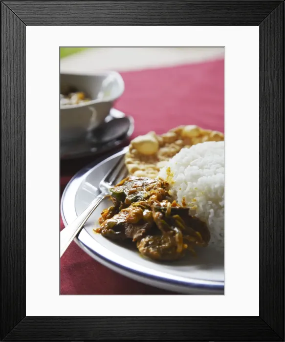 Framed Print : Beef curry, rice and papadom, Negombo, Sri Lanka