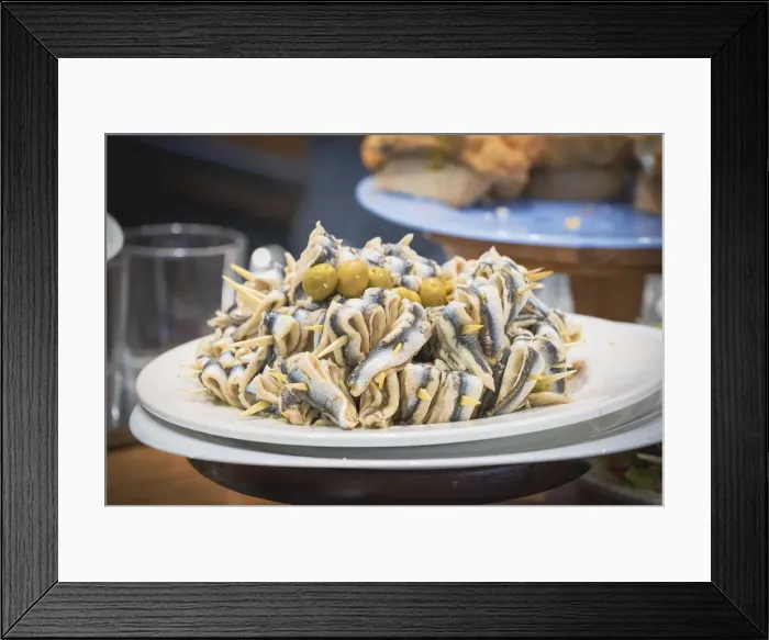 Framed Print : Spain, Basque Country, San Sebastian (Donostia). Traditional Pinchos (Pintxos) snacks Framed Print : Spain, Basque Country, San Sebastian (Donostia). Traditional Pinchos (Pintxos) snacks