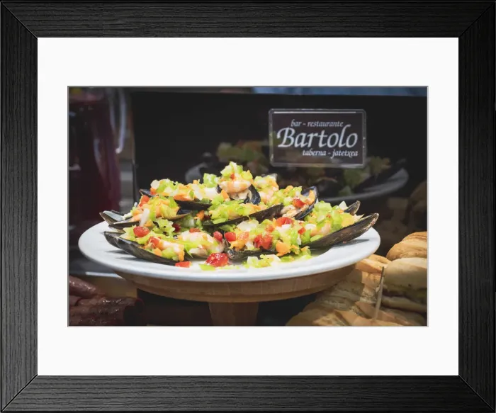Framed Print : Spain, Basque Country, San Sebastian (Donostia). Traditional Pinchos (Pintxos) snacks