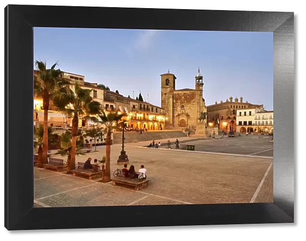 The Plaza Mayor in the evening with San Martin church. Trujillo, Spain